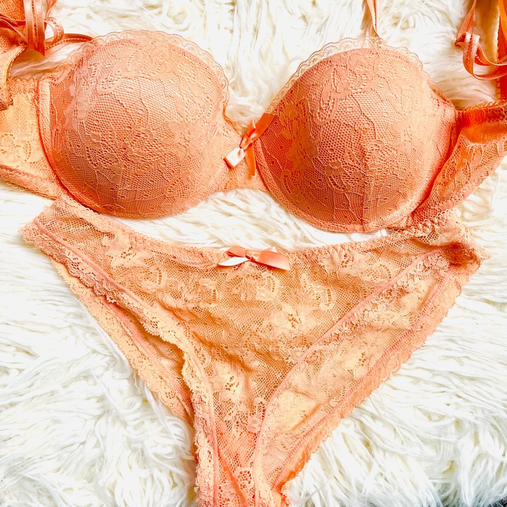 Lightly padded orange lace push up bra